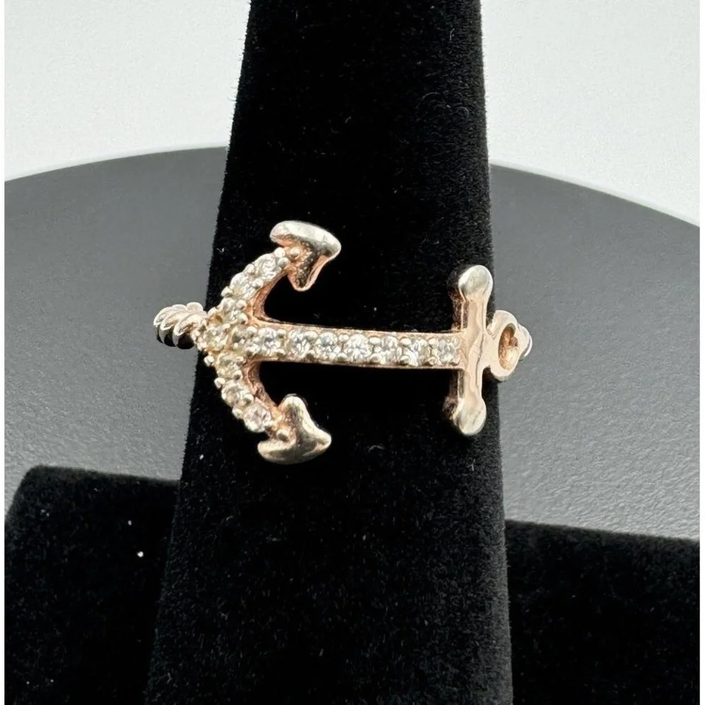 Sterling Silver 925 Rose Gold‎ Plated Pave CZ Anchor Nautical Mariner Ring 6.75